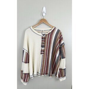 POL Mens‎ Sz M Oversized Henley Tan waffle Knit Mixed Striped Fabric (flaw)